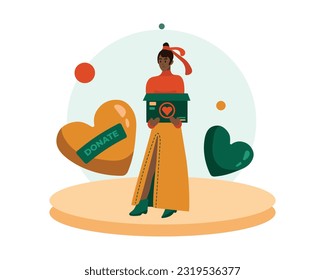 American young woman holding box with aid. Multiracial cartoon character volunteering. Humanitarian aid organization. Donations concept. Vector flat illustration in orange and green colors