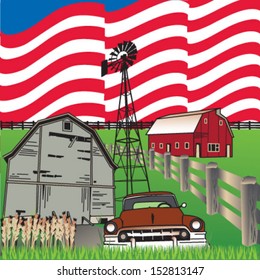 Americana farm illustration with flag background