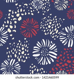 Americana flower fireworks seamless pattern in red,white and blue colors. Great for celebrating patriotic holidays like the 4th of July, home decor items, fashion, textiles, and party decorations.