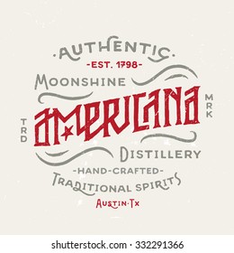 Americana Moonshine Distillery retro hand lettered design. Vintage Americana Style. Hand Drawn Custom Type. Old School Flavor. Great as logo, for t shirt fashion prints tee graphics wall art decor etc