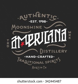 Americana Moonshine Distillery retro hand lettered design. Vintage Americana Style. Hand Drawn Custom Type. Old School Flavor. Great as logo, for t shirt fashion prints tee graphics wall art decor etc