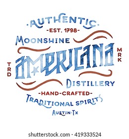 Americana Moonshine Distillery retro hand lettered design. Vintage Americana Style. Hand Drawn Custom Type. Old School Flavor. Great as logo, for t shirt fashion prints tee graphics wall art decor etc