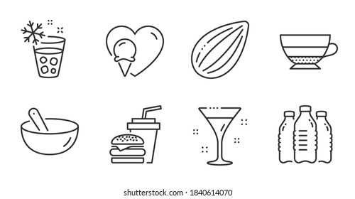 Americano, Almond nut and Cooking mix line icons set. Ice maker, Cocktail and Water bottles signs. Hamburger, Ice cream symbols. Beverage cup, Vegetarian food, Bowl. Food and drink set. Vector