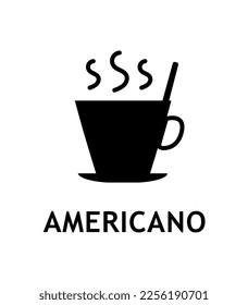 Americano black icon. Hot drink in mug on plate. Beverage and ytasty liquid. Cafe or restaurant menu. Advertising poster or banner for website. Cartoon flat vector illustration