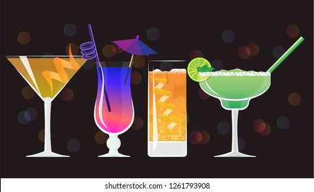 Americano  cocktail, Galaxy Magic Moscow Mule Vodka Cocktail , Orange juice and classic Margarita coctails  on black mirrored background with bokeh. Vector illustration for web and print