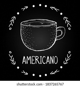 Americano coffee. Beverages on blackboard chalk illustration. Vector white chalk hand drawn mug and beverage with decor. Winter drinks for menu