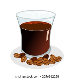 Americano coffee in a clear glass with coffee beans in front.Isolated vector illustration on a white background.