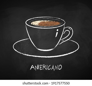 Americano coffee cup isolated on black chalkboard background. Vector chalk drawn sideview grunge illustration.