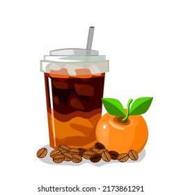 Café americano mezclado con zumo de naranja.Poner en un vaso lleno de hielo y paja.Hay naranjas y granos de café en un costado.Ilustración vectorial aislada sobre un fondo blanco.