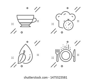 Americano, Cooking timer and Water drop line icons set. Food sign. Beverage cup, Stopwatch, Mint leaf. Cutlery. Food and drink set. Line americano outline icon. Vector