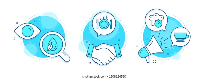 Americano, Cooking timer and Water drop line icons set. Handshake deal, research and promotion complex icons. Food sign. Beverage cup, Stopwatch, Mint leaf. Cutlery. Food and drink set. Vector