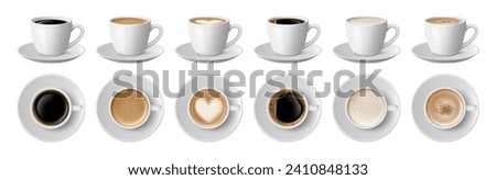 Americano and latte with heart shaped foam. Vector isolated coffee beverages in ceramic cups with handles and saucers. Cafe or restaurant service, top and side view of aromatic drink with milk