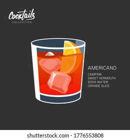 Americano or Negroni cocktail vector illustration. Americano drink, consisting of sweet red vermouth, Campari and soda water with orange slice. Isolated on black background