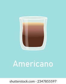 Americano sticker concept. Tea or coffee. Glass with hot drink. Cafe, restaurant or coffee shop. Template, layout and mock up. Cartoon flat vector illustration isolated on blue background