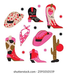  Americans cowboy boots and hats isolated. Vector