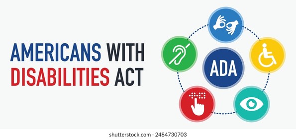 Americans with Disability Act. ADA is a civil rights law that prohibits discrimination based on disability.Vector illustration