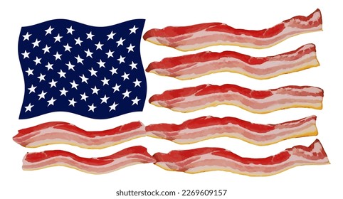 Americans love of bacon is the theme of this USA flag made of bacon that is a vector illustration isolated on a background.