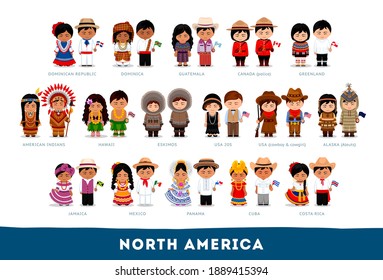 Americans in national clothes. North America. Set of cartoon characters in traditional costume. Cute people. Vector flat illustrations.