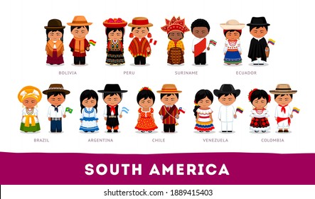 Americans in national clothes. South America. Set of cartoon characters in traditional costume. Cute people. Vector flat illustrations.