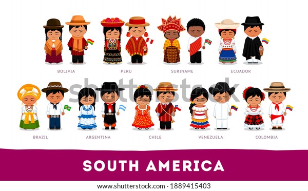 Americans in national clothes. South\
America. Set of cartoon characters in traditional costume. Cute\
people. Vector flat\
illustrations.