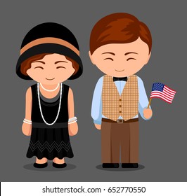 Americans in national dress with a flag. Man and woman in traditional costume. Travel to United States. People. Vector flat illustration.