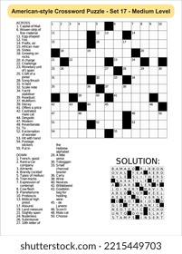 American-style crossword puzzle game with 13 x 13 squares. Includes blank crossword grid, have clues, with the solution.