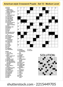 American-style crossword puzzle game with 13 x 13 squares. Includes blank crossword grid, have clues, with the solution.