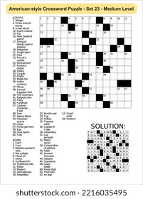 American-style crossword puzzle game with 13 x 13 squares. Includes blank crossword grid, have clues, with the solution.