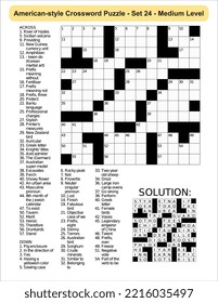 American-style crossword puzzle game with 13 x 13 squares. Includes blank crossword grid, have clues, with the solution.