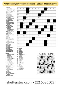 American-style crossword puzzle game with 13 x 13 squares. Includes blank crossword grid, have clues, with the solution.
