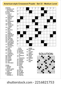 American-style crossword puzzle game with 13 x 13 squares. Includes blank crossword grid, have clues, with the solution.