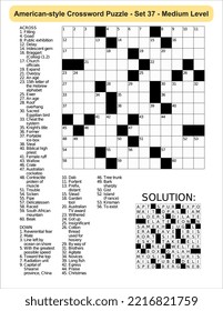 American-style crossword puzzle game with 13 x 13 squares. Includes blank crossword grid, have clues, with the solution.