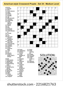 American-style crossword puzzle game with 13 x 13 squares. Includes blank crossword grid, have clues, with the solution.