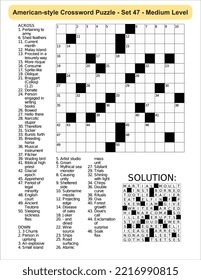 American-style crossword puzzle game with 13 x 13 squares. Includes blank crossword grid, have clues, with the solution.