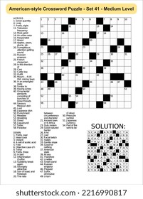 American-style crossword puzzle game with 13 x 13 squares. Includes blank crossword grid, have clues, with the solution.