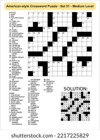 American-style crossword puzzle game with 13 x 13 squares. Includes blank crossword grid, have clues, with the solution.