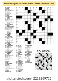 American-style crossword puzzle game with 13 x 13 squares. Includes blank crossword grid, have clues, with the solution.