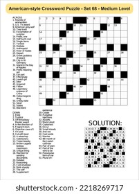 American-style crossword puzzle game with 13 x 13 squares. Includes blank crossword grid, have clues, with the solution.