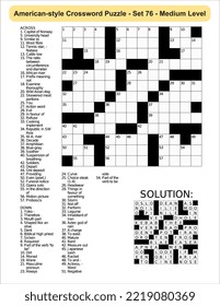 American-style crossword puzzle game with 13 x 13 squares. Includes blank crossword grid, have clues, with the solution.