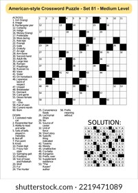 American-style crossword puzzle game with 13 x 13 squares. Includes blank crossword grid, have clues, with the solution.