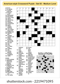 American-style crossword puzzle game with 13 x 13 squares. Includes blank crossword grid, have clues, with the solution.