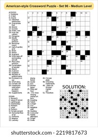 American-style crossword puzzle game with 13 x 13 squares. Includes blank crossword grid, have clues, with the solution.