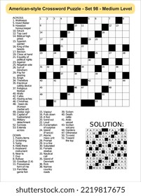 American-style crossword puzzle game with 13 x 13 squares. Includes blank crossword grid, have clues, with the solution.