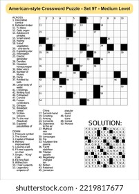 American-style crossword puzzle game with 13 x 13 squares. Includes blank crossword grid, have clues, with the solution.