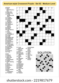 American-style crossword puzzle game with 13 x 13 squares. Includes blank crossword grid, have clues, with the solution.