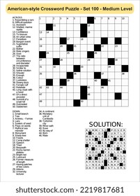 American-style crossword puzzle game with 13 x 13 squares. Includes blank crossword grid, have clues, with the solution.