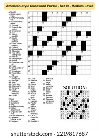 American-style crossword puzzle game with 13 x 13 squares. Includes blank crossword grid, have clues, with the solution.