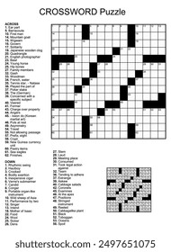 American-style crossword puzzle game with 13 x 13 squares. Includes blank crossword grid, have clues, with the solution.