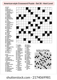 
American-style crossword puzzle game with a 15 x 15 squares. Includes blank crossword grid, include clues, with solution.