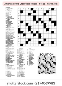 
American-style crossword puzzle game with a 15 x 15 squares. Includes blank crossword grid, include clues, with solution.